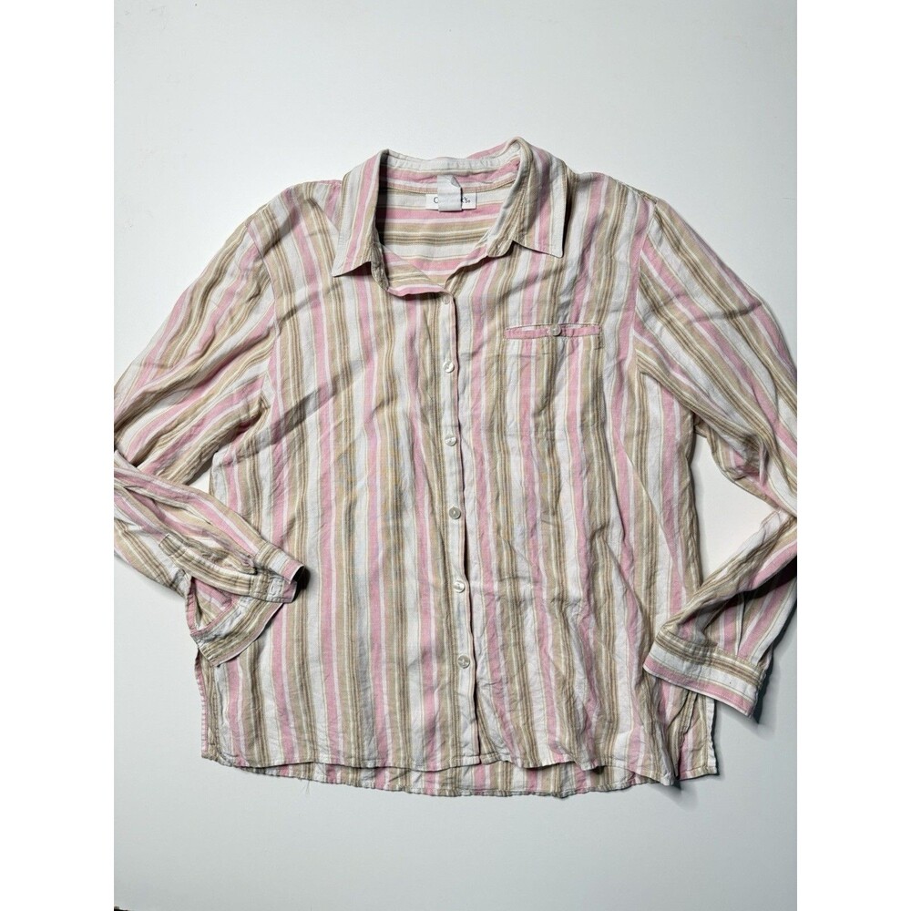Chadwick's Button Up Top Women 16 Pink Brown Striped Long Sleeve 100% Linen